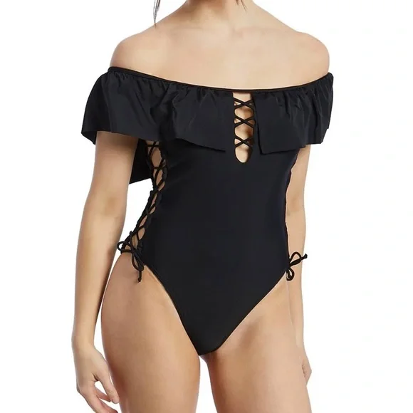 Ymi Womens Ribbed Ruffle Flounce One Piece Swimsuit L - Picture 2 of 2